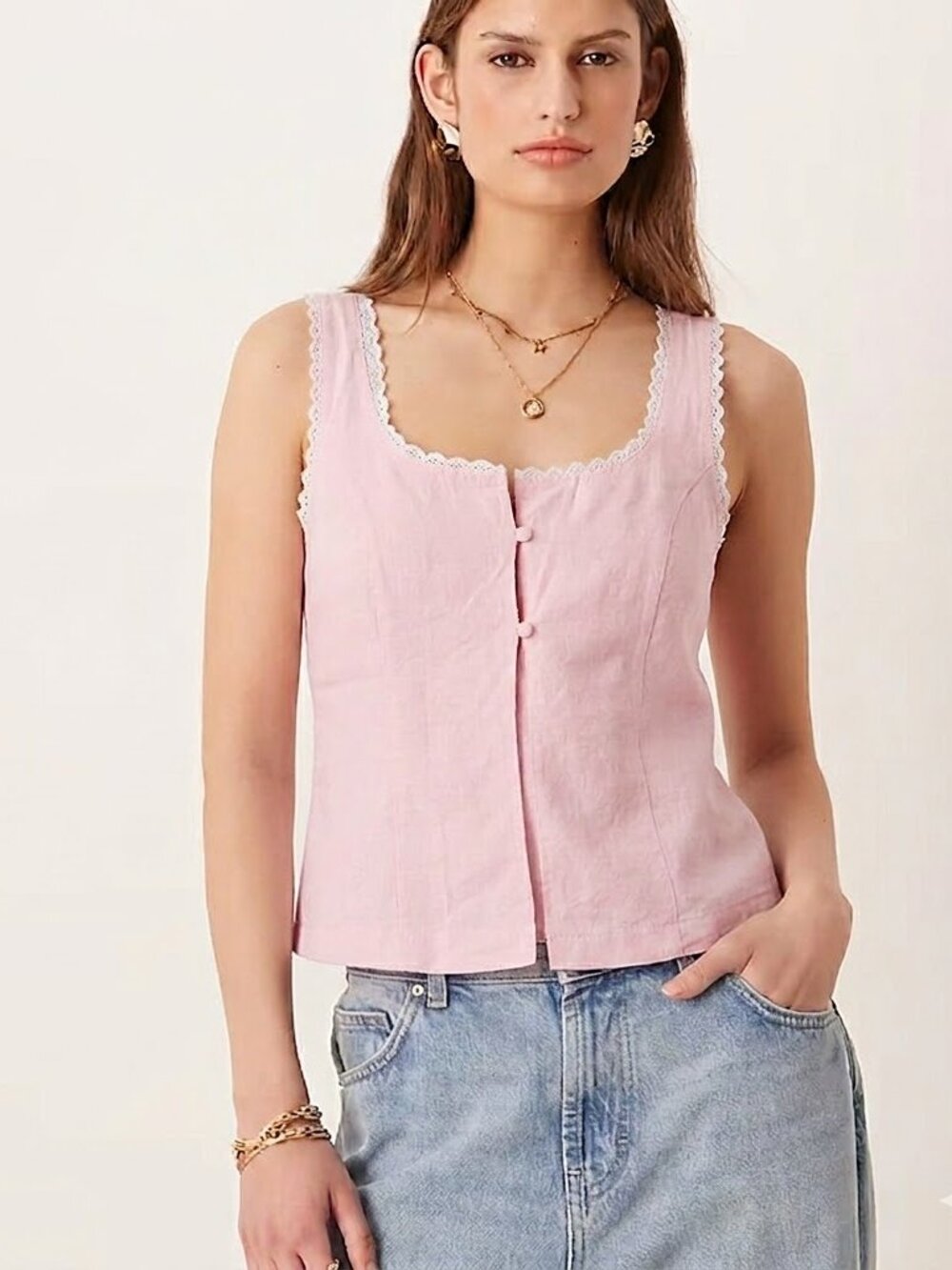 Pink Lace-Trim Linen Tank Top with Tie in size Medium - Picture 2 of 4